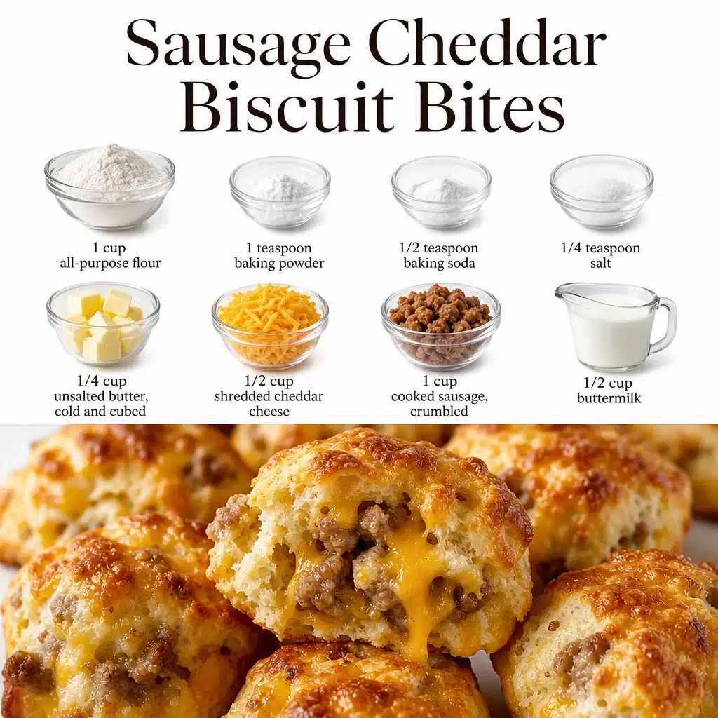 Sausage Cheddar Biscuit Bites - Easy Comfort Snack 1 Delicious Sausage Cheddar Biscuit Bites on a serving platter