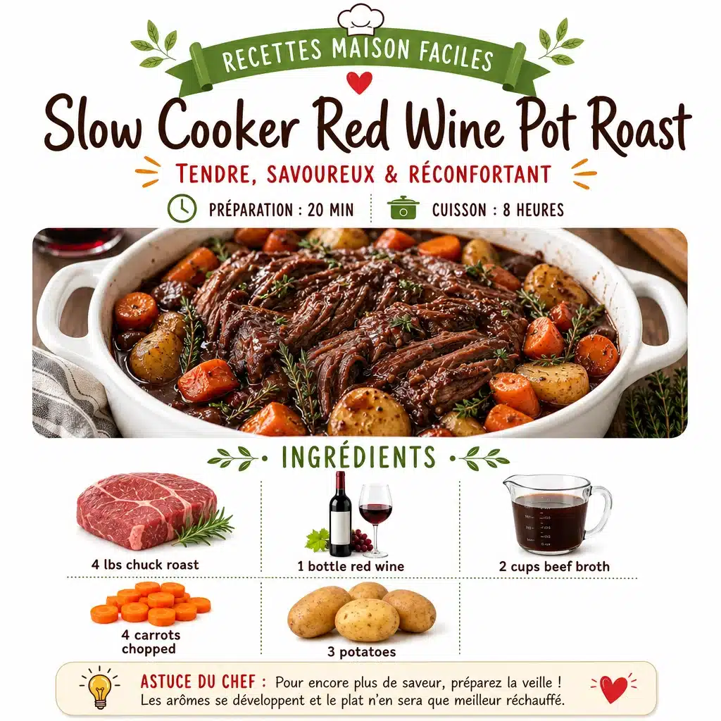 Slow Cooker Red Wine Pot Roast - Easy Comfort Food 1 Slow cooker red wine pot roast served with vegetables