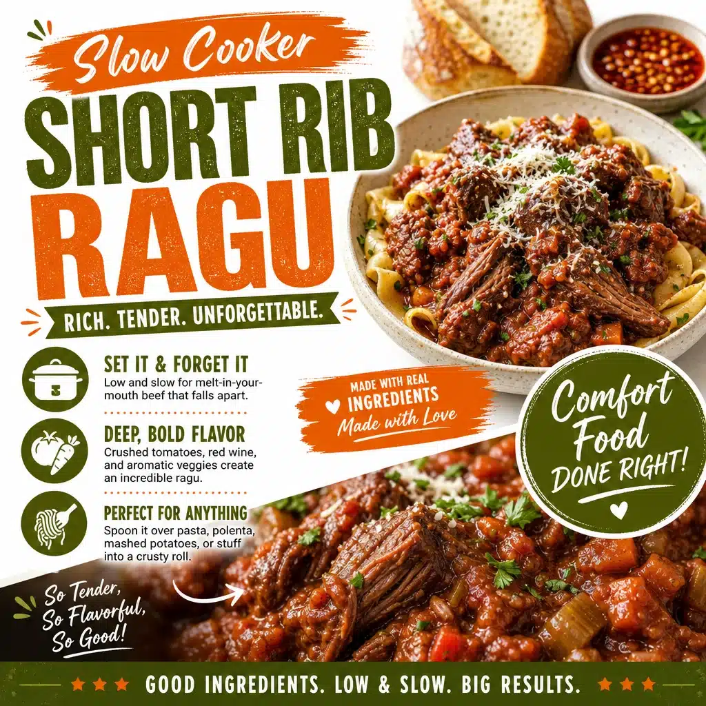 Slow Cooker Short Rib Ragu - Easy Comfort Food 1 Slow cooker short rib ragu served with pasta and garnished with herbs