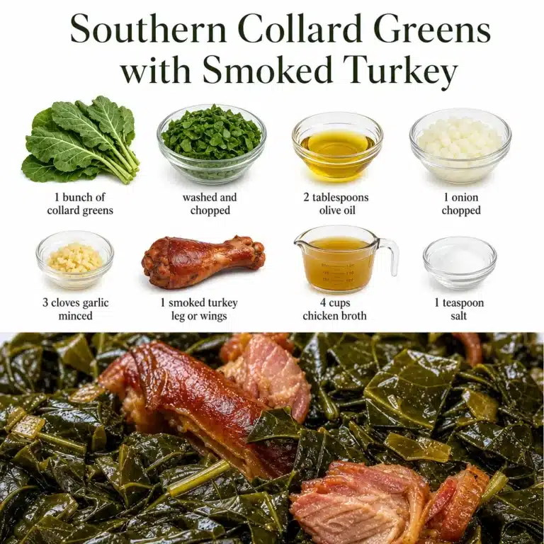 Southern Collard Greens with Smoked Turkey, High Fiber 10 Southern collard greens with smoked turkey served on a plate