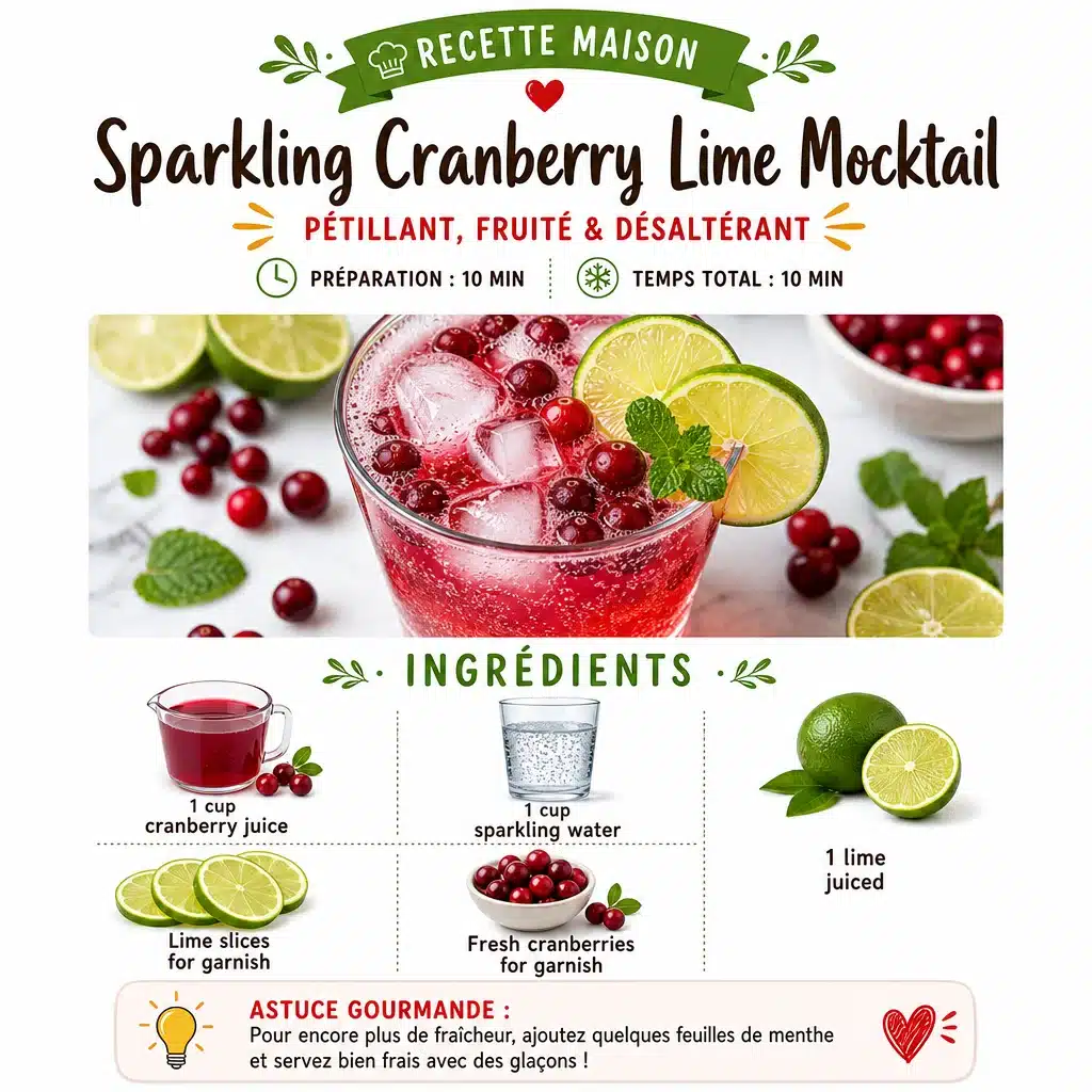 Sparkling Cranberry Lime Mocktail in a glass with fresh lime and berries