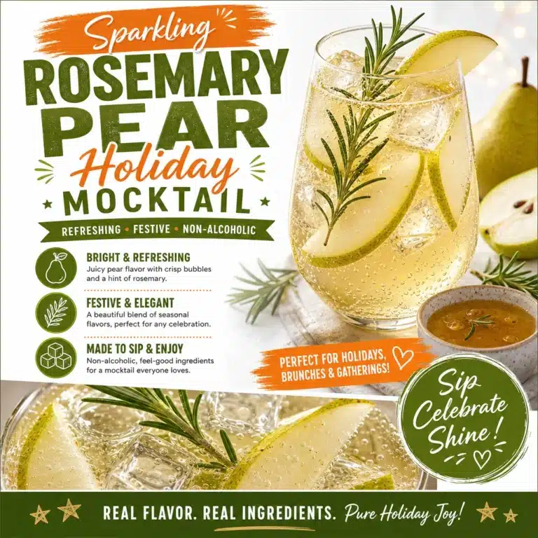Sparkling Rosemary Pear Mocktail - Easy Holiday Drink, High Fiber 8 Sparkling Rosemary Pear Mocktail with fresh rosemary and pear slices