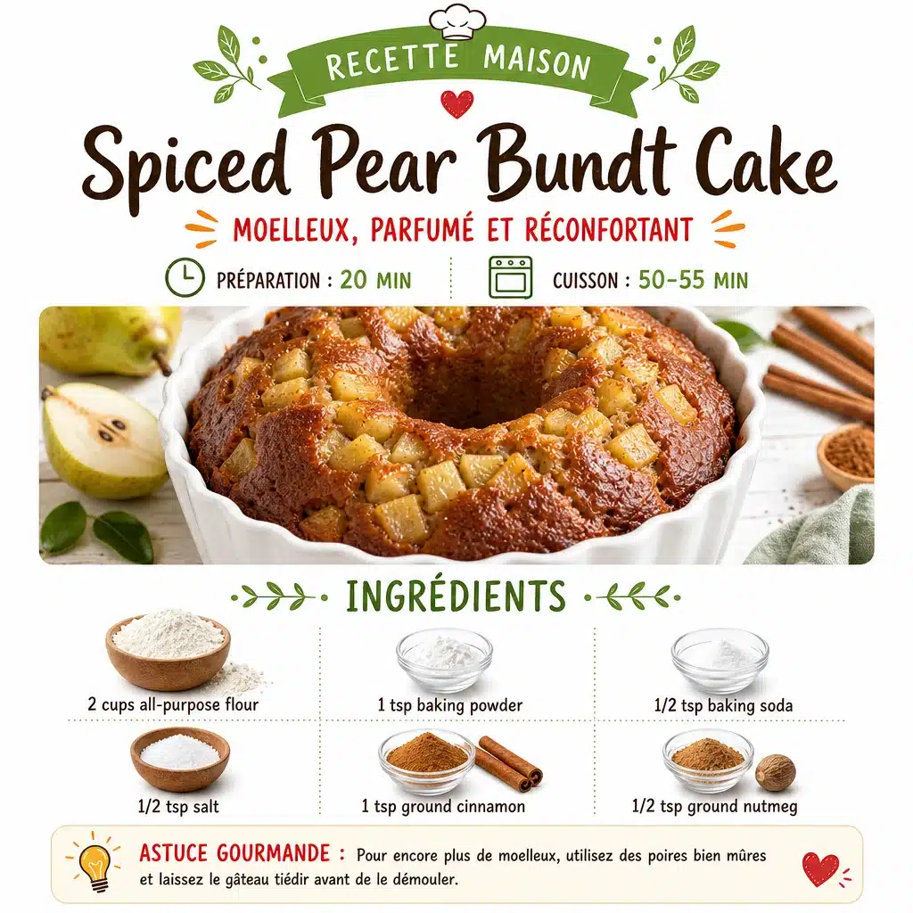 Delicious spiced pear bundt cake topped with glaze and garnished with pears