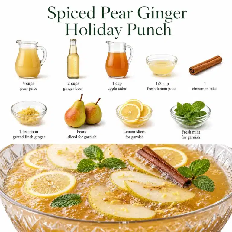 Spiced pear ginger holiday punch in a festive glass pitcher