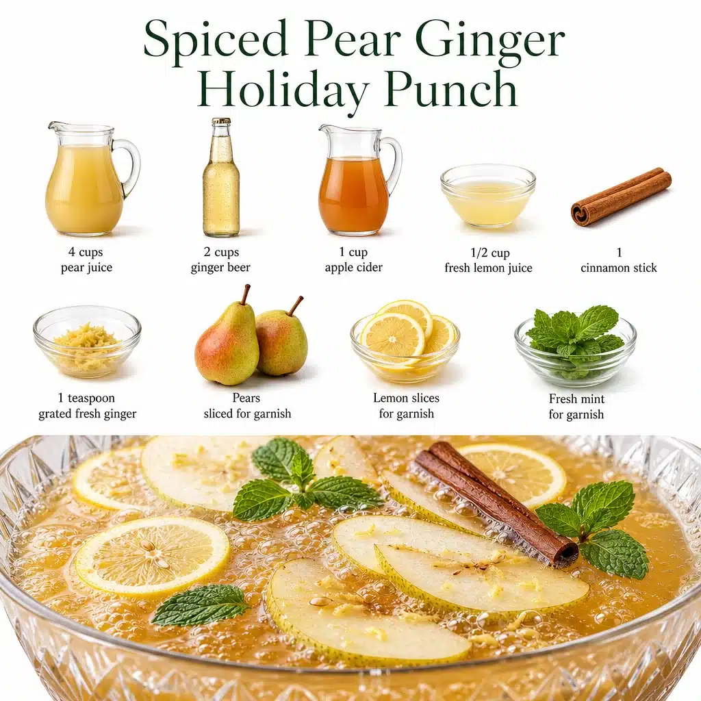 Spiced Pear Ginger Holiday Punch High Fiber 1 Spiced pear ginger holiday punch in a festive glass pitcher
